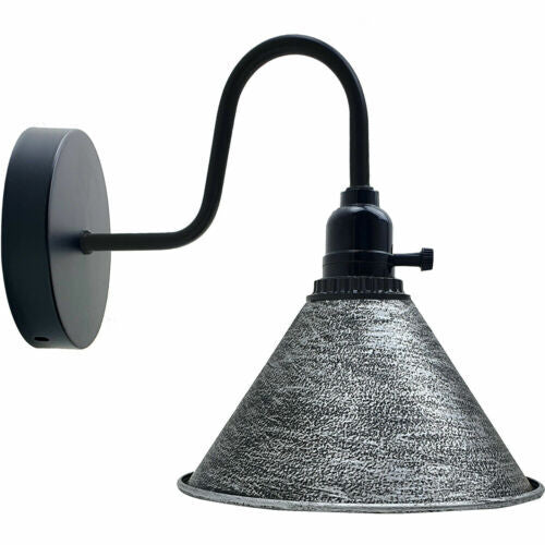 Swan Neck Wall Light with Switch – Black, E27, with Shade - Black, Small Cone 18 cm Brushed Silver, Without Bulb