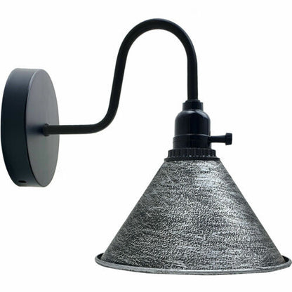 Swan Neck Wall Light with Switch – Black, E27, with Shade - Black, Small Cone 18 cm Brushed Silver, Without Bulb