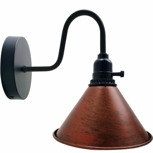 Swan Neck Wall Light with Switch – Black, E27, with Shade - Black, Small Cone 18 cm Rustic Red, Without Bulb