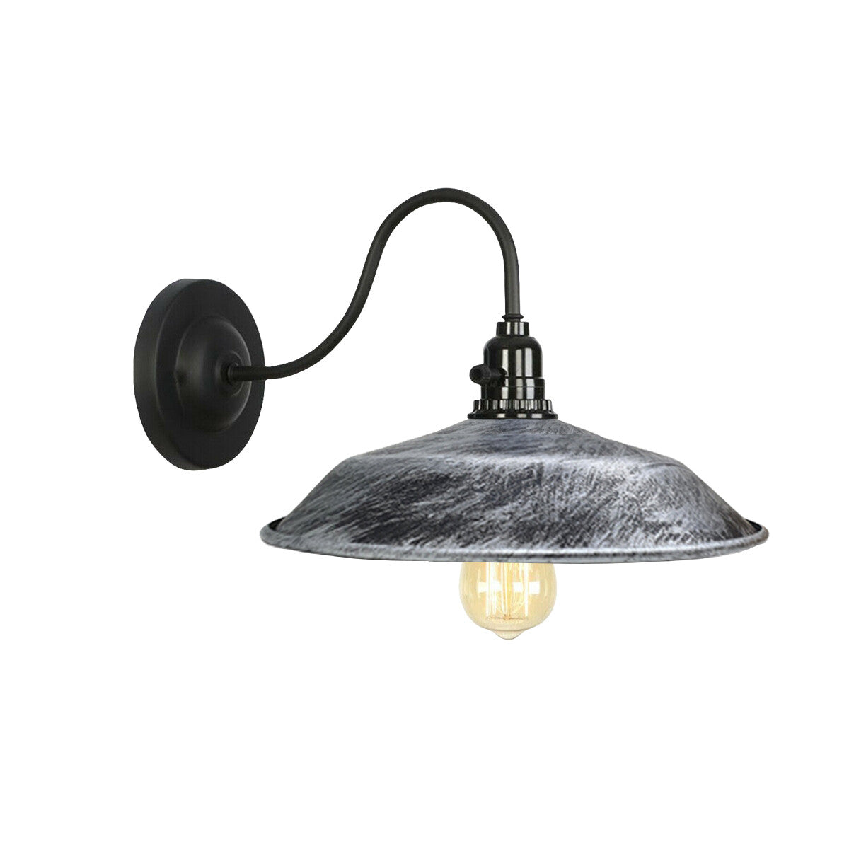 Swan Neck Wall Light with Switch – Black, E27, with Shade - Black, Top 26 cm Brushed Silver, Without Bulb