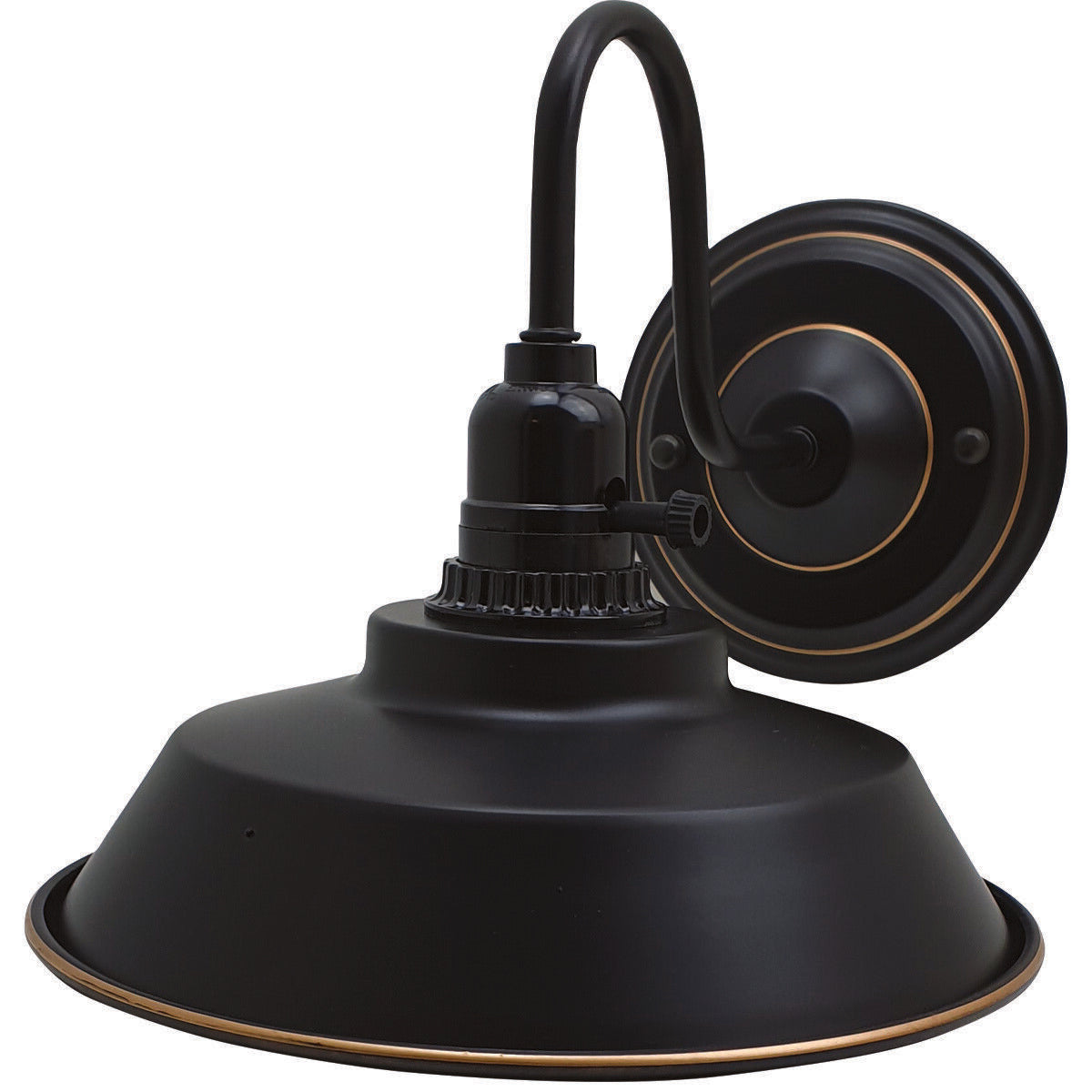 Swan Neck Wall Light with Switch – Black, E27, with Shade - Black, Vintage Dome 22 cm Black & Gold Line, Without Bulb