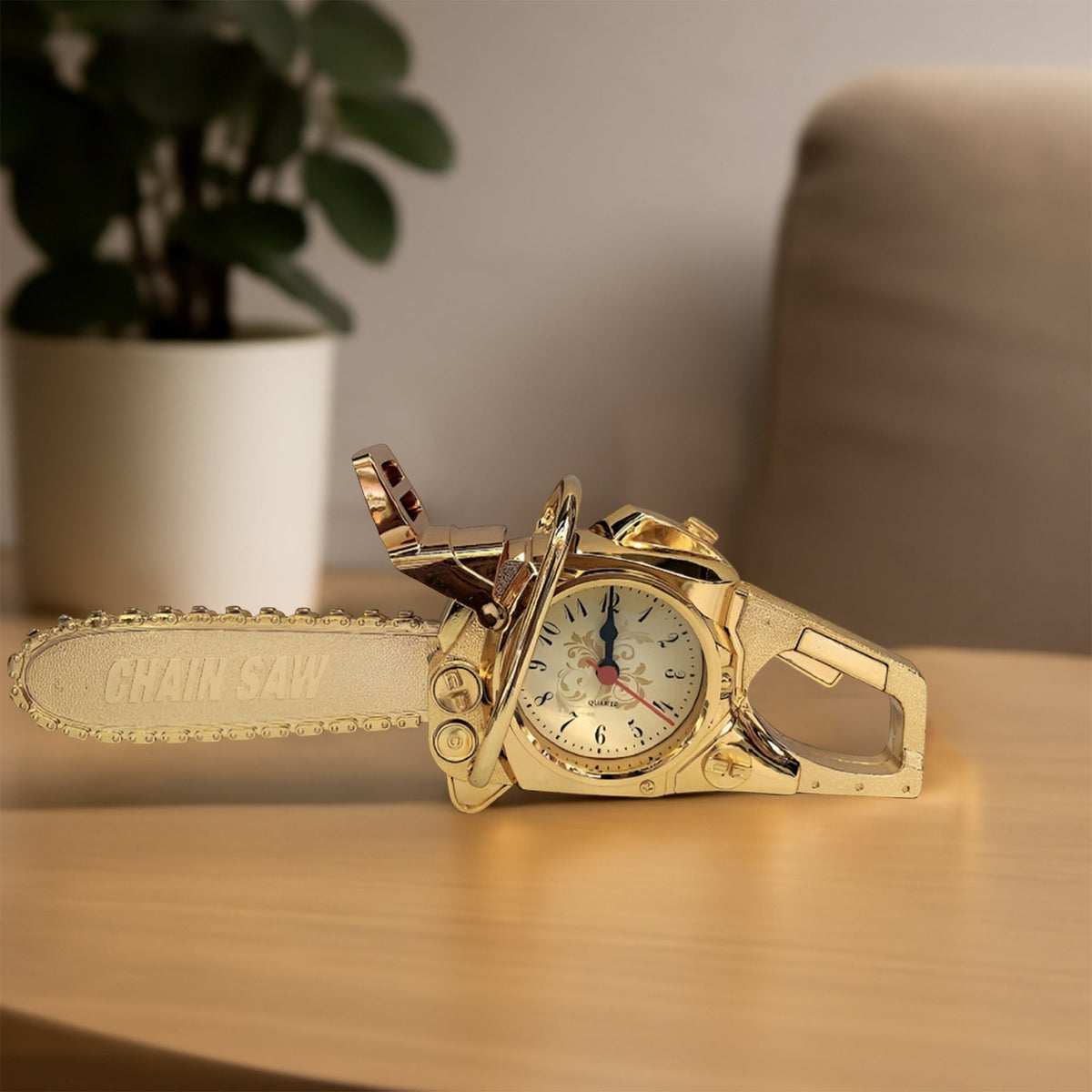 Chainsaw Alarm Clock – Novelty Desk Clock, Shiny Black or French Gold - French Gold