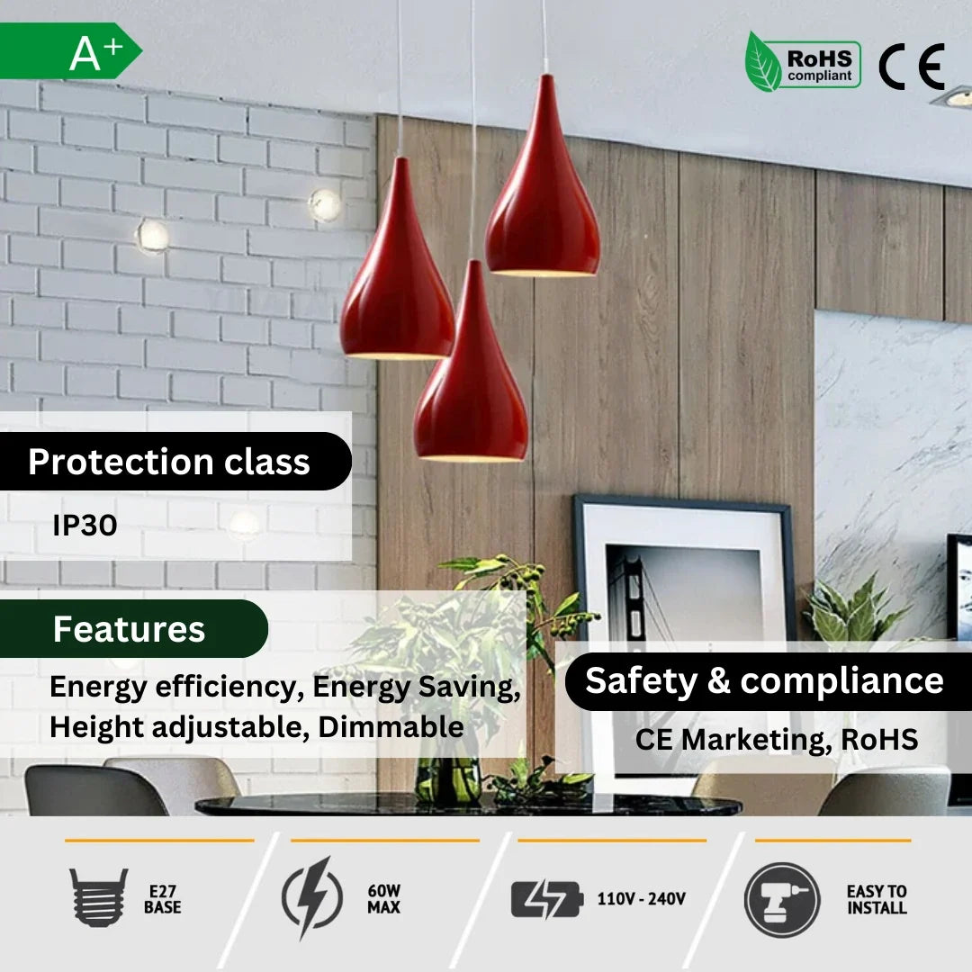 3 Light Teardrop Cluster Pendant – White Canopy, 7 Colours, E27 - photo 3