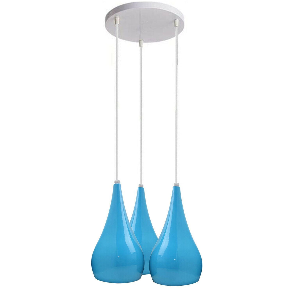 3 Light Teardrop Cluster Pendant – White Canopy, 7 Colours, E27 - Standard, Blue Teardrops, Round Plate, Without Bulb