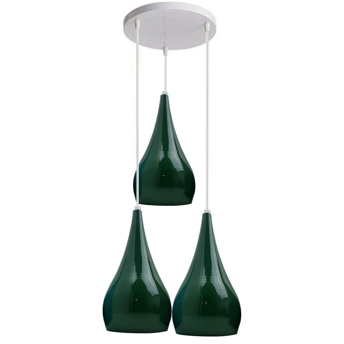 3 Light Teardrop Cluster Pendant – White Canopy, 7 Colours, E27 - Standard, Green Teardrops, Round Plate, Without Bulb