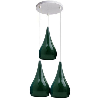 3 Light Teardrop Cluster Pendant – White Canopy, 7 Colours, E27 - Standard, Green Teardrops, Round Plate, Without Bulb