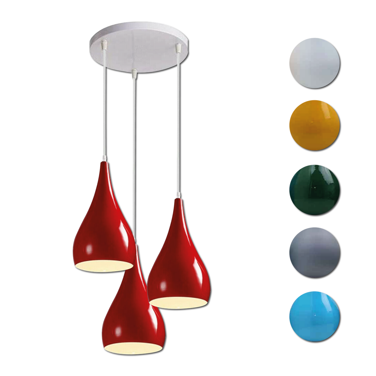 3 Light Teardrop Cluster Pendant – White Canopy, 7 Colours, E27 - Standard, Red Teardrops, Round Plate, Without Bulb