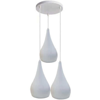 3 Light Teardrop Cluster Pendant – White Canopy, 7 Colours, E27 - Standard, White Teardrops, Round Plate, Without Bulb