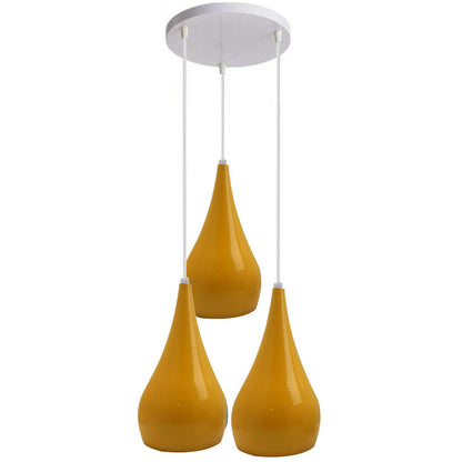 3 Light Teardrop Cluster Pendant – White Canopy, 7 Colours, E27 - Standard, Yellow Teardrops, Round Plate, Without Bulb