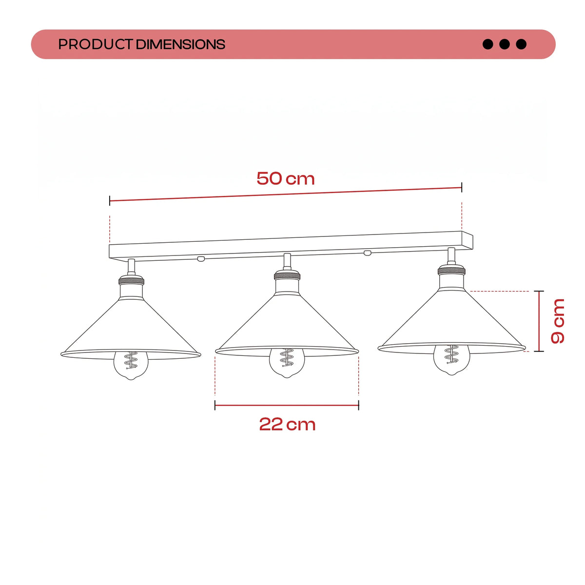 3-Light Ceiling Bar Light – Cone or Dome Shades, 12 Finishes, E27 - photo 2