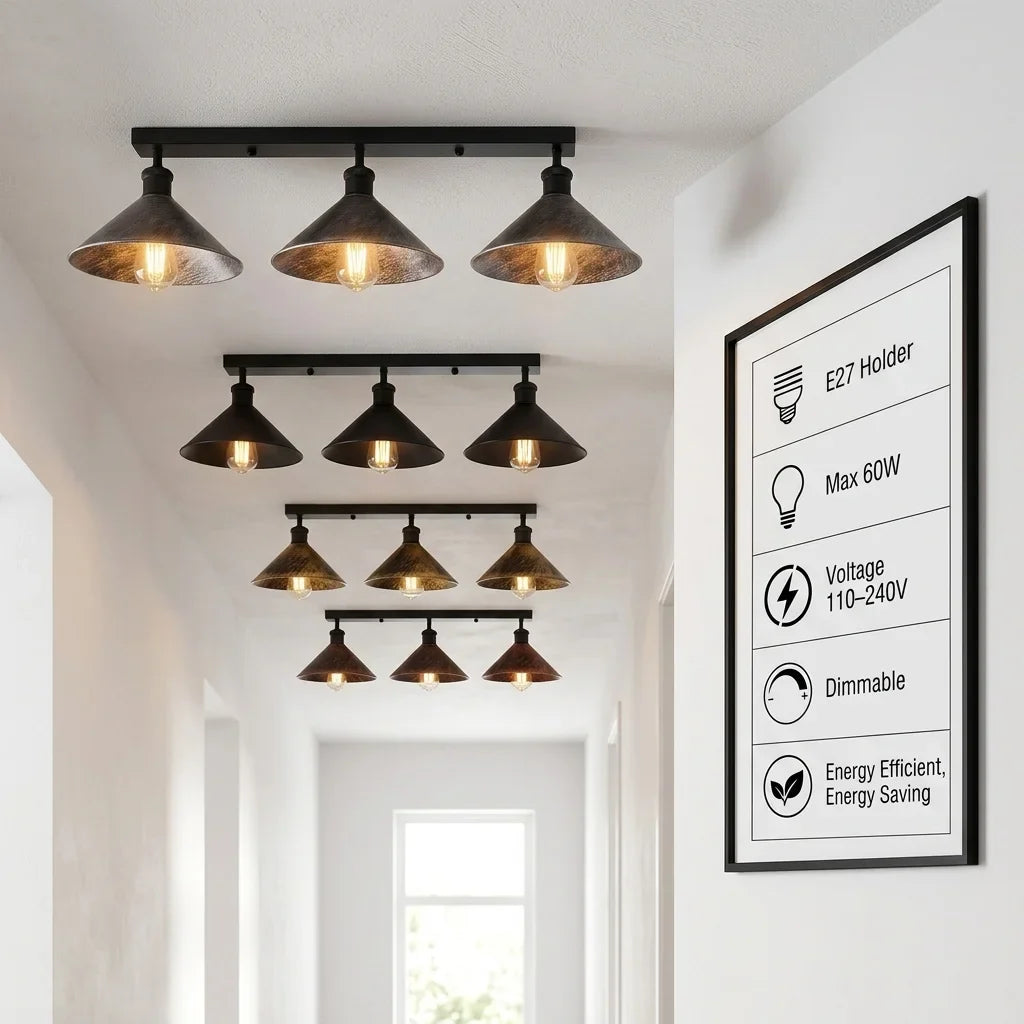 3-Light Ceiling Bar Light – Cone or Dome Shades, 12 Finishes, E27 - photo 4