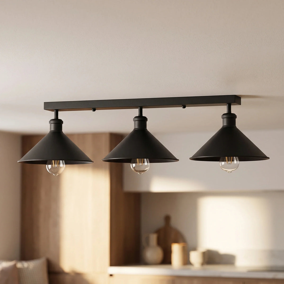 3-Light Ceiling Bar Light – Cone or Dome Shades, 12 Finishes, E27 - Black, Flat Cone 22 cm Black, Without Bulb