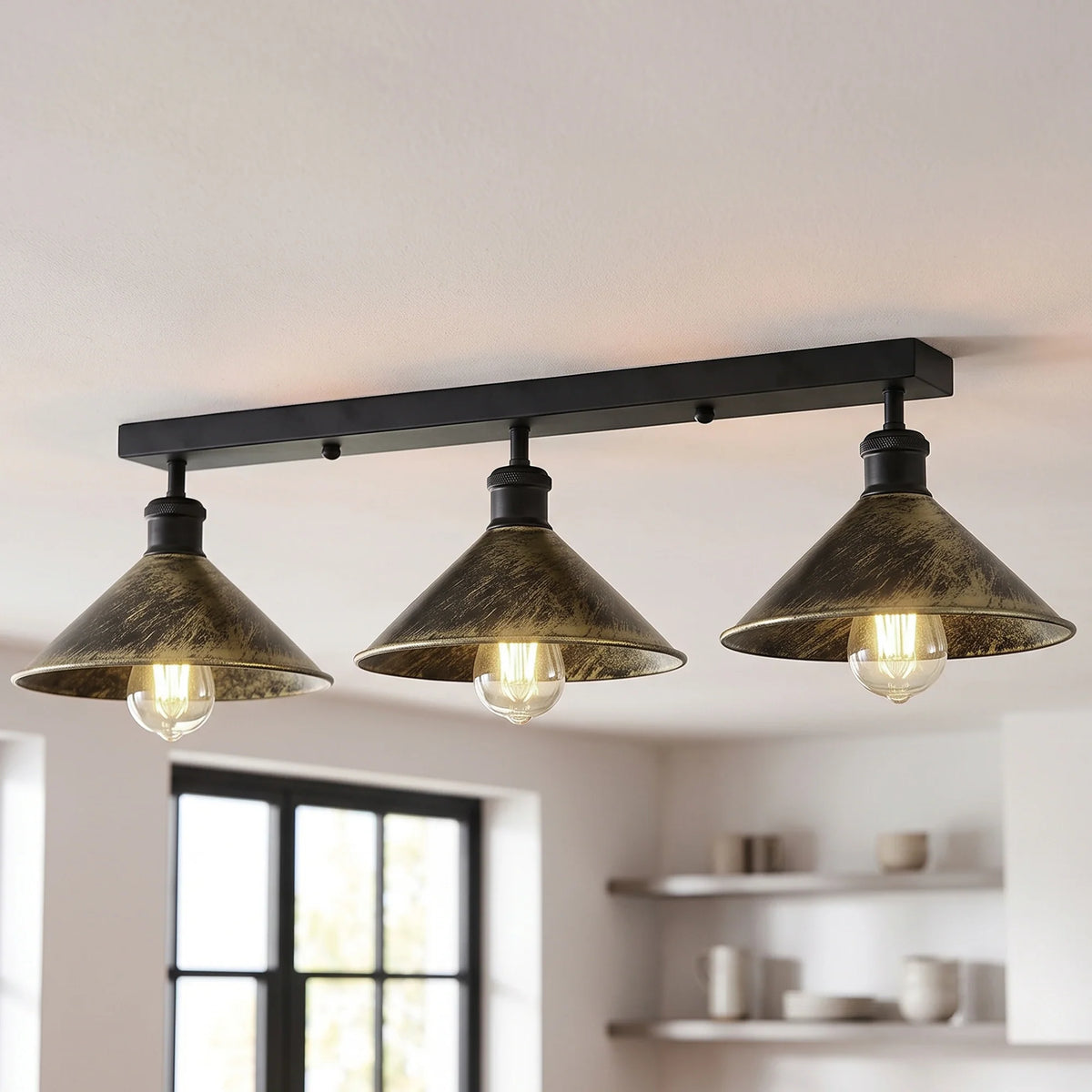 3-Light Ceiling Bar Light – Cone or Dome Shades, 12 Finishes, E27 - Black, Flat Cone 22 cm Brushed Brass, Without Bulb