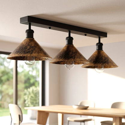 3-Light Ceiling Bar Light – Cone or Dome Shades, 12 Finishes, E27 - Black, Flat Cone 22 cm Brushed Copper, Without Bulb