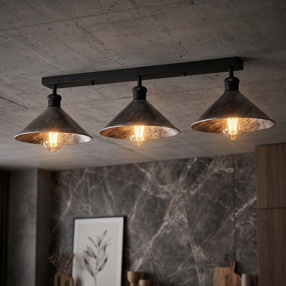 3-Light Ceiling Bar Light – Cone or Dome Shades, 12 Finishes, E27 - Black, Flat Cone 22 cm Brushed Silver, Without Bulb
