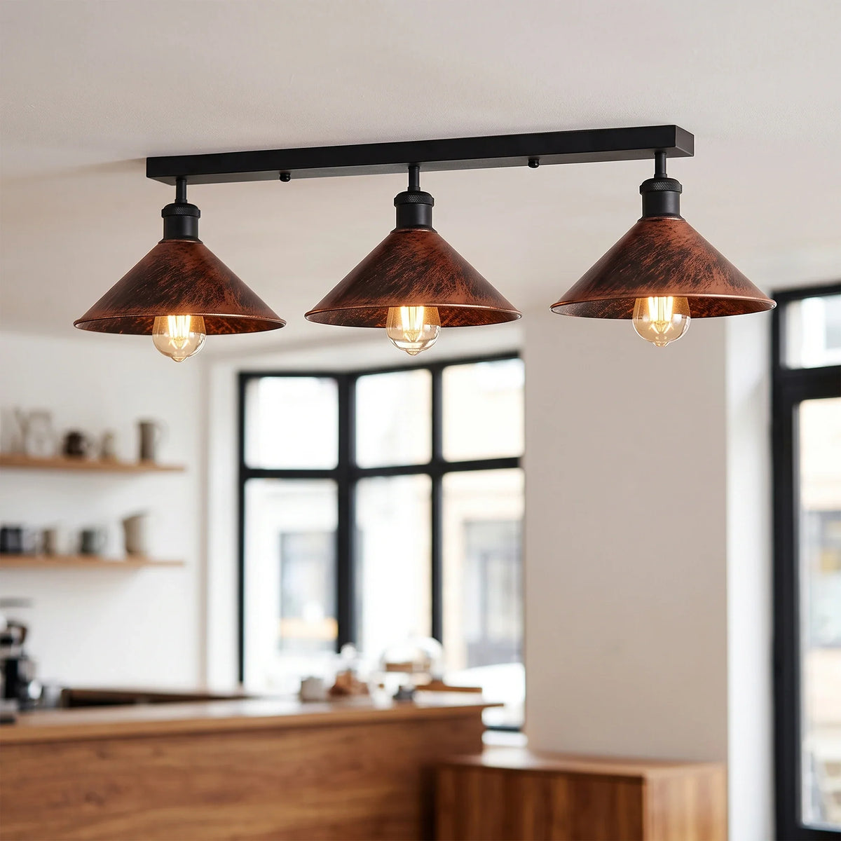 3-Light Ceiling Bar Light – Cone or Dome Shades, 12 Finishes, E27 - Black, Flat Cone 22 cm Rustic Red, Without Bulb