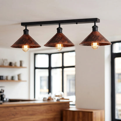 3-Light Ceiling Bar Light – Cone or Dome Shades, 12 Finishes, E27 - Black, Flat Cone 22 cm Rustic Red, Without Bulb