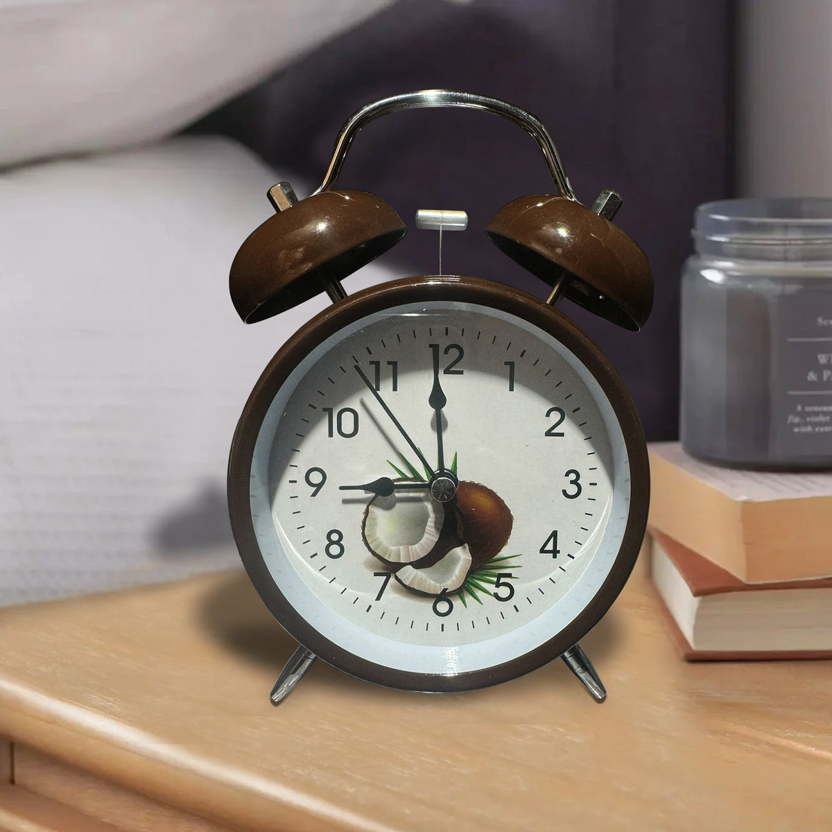 Twin Bell Alarm Clock – Fruit Print Dial, 16 cm, 5 Colours - Dark Brown