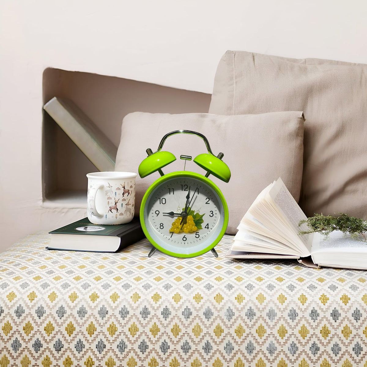 Twin Bell Alarm Clock – Fruit Print Dial, 16 cm, 5 Colours - Light Green
