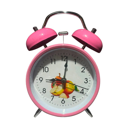 Twin Bell Alarm Clock – Fruit Print Dial, 16 cm, 5 Colours - Pink