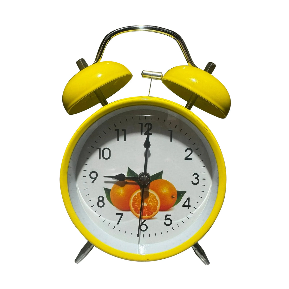 Twin Bell Alarm Clock – Fruit Print Dial, 16 cm, 5 Colours - Yellow