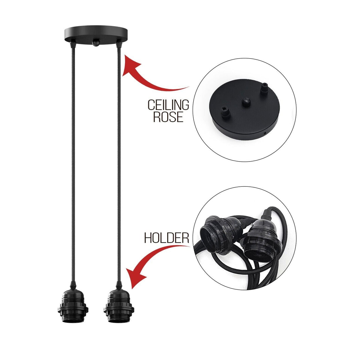 Twin Pendant Light Kit – 2 Black E27 Holders on One Ceiling Rose - photo 5