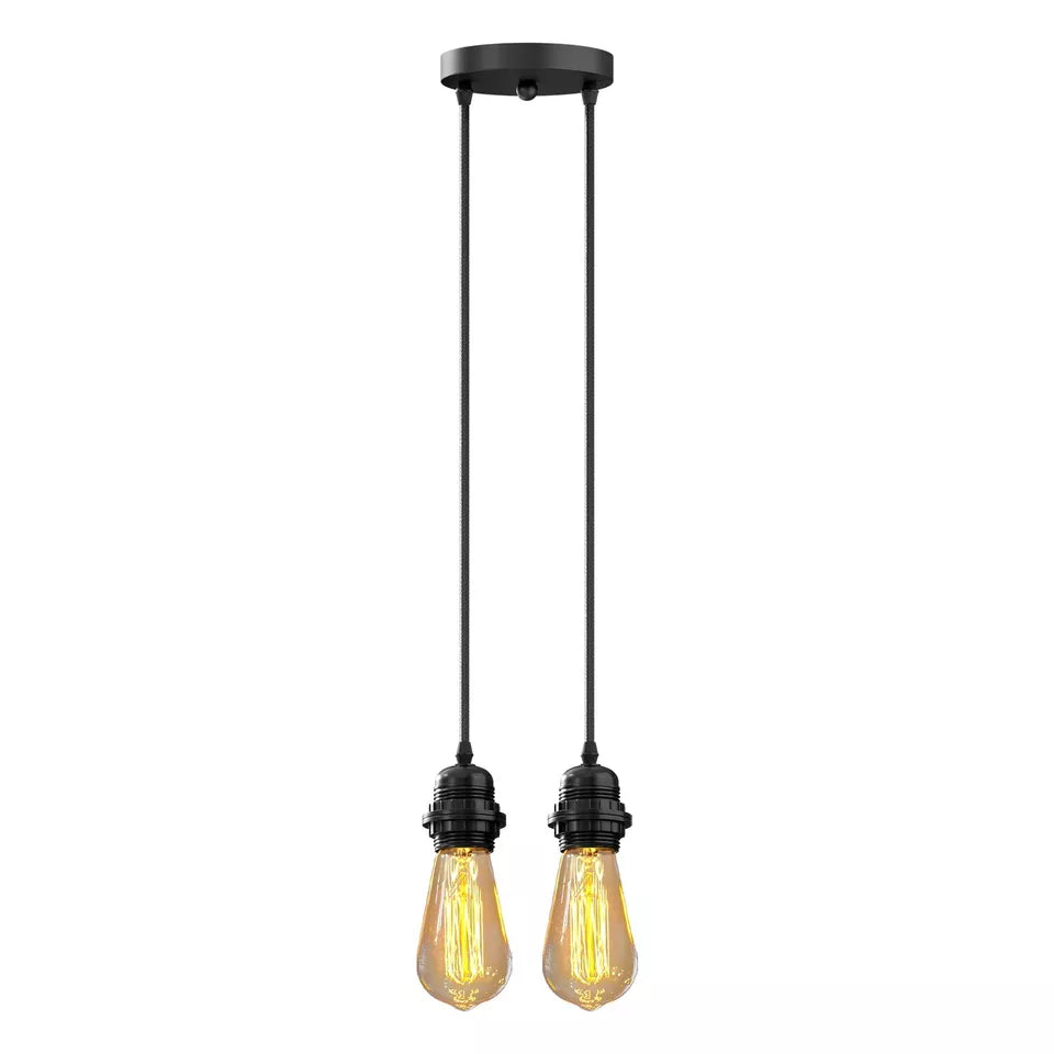 Twin Pendant Light Kit – 2 Black E27 Holders on One Ceiling Rose - Black, No Shade, 2 x ST64 Bulb