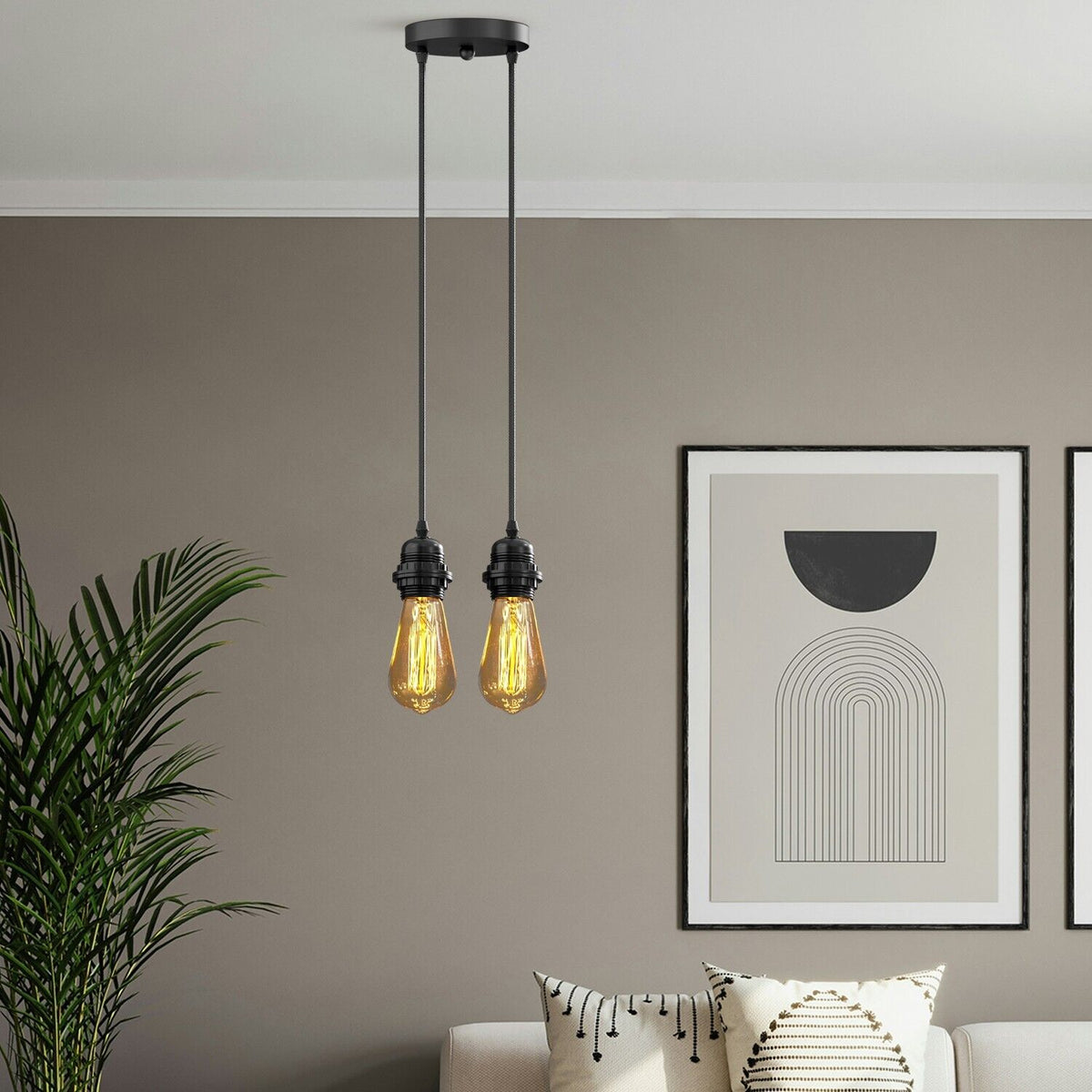 Twin Pendant Light Kit – 2 Black E27 Holders on One Ceiling Rose