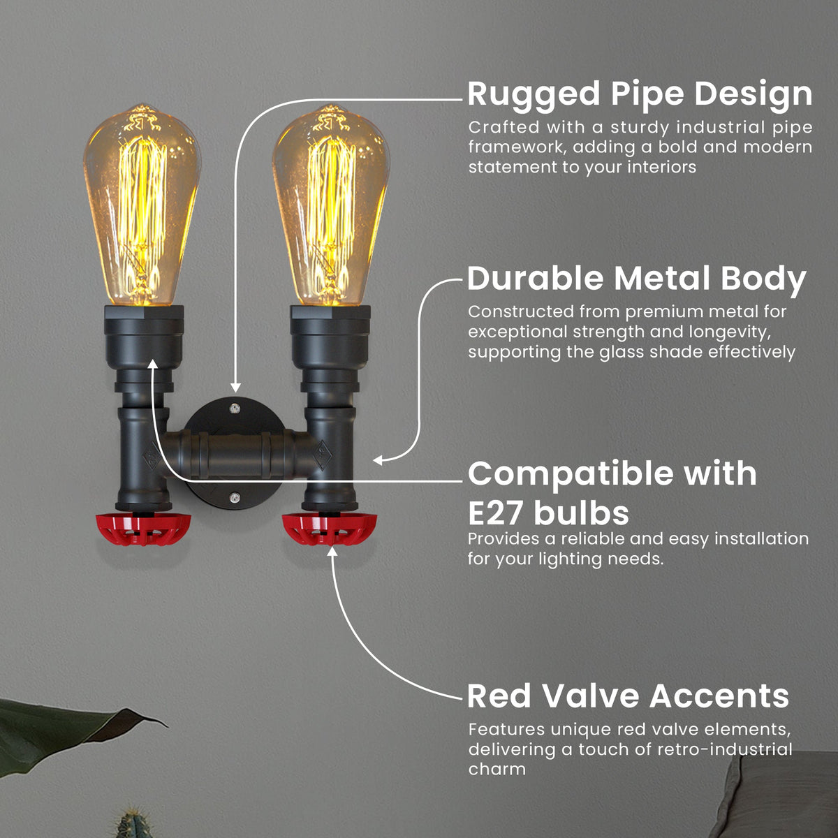 Twin Water Pipe Wall Light with Red Valves – Black or Copper, 2 x E27 - photo 3