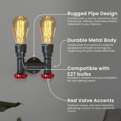 Twin Water Pipe Wall Light with Red Valves – Black or Copper, 2 x E27 - photo 3