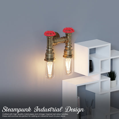 Twin Water Pipe Wall Light with Red Valves – Black or Copper, 2 x E27 - photo 4
