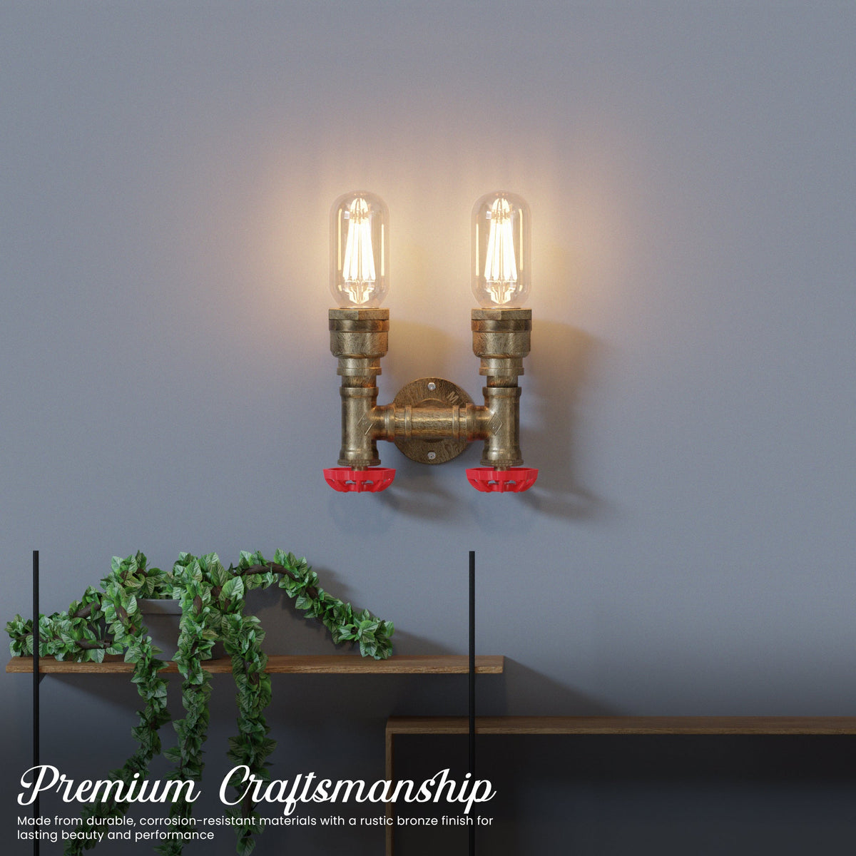 Twin Water Pipe Wall Light with Red Valves – Black or Copper, 2 x E27 - photo 5