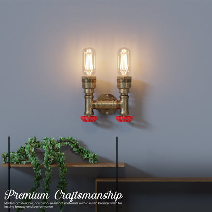 Twin Water Pipe Wall Light with Red Valves – Black or Copper, 2 x E27 - photo 5