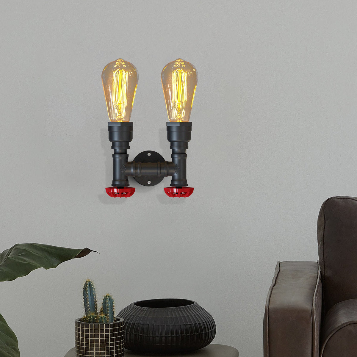 Twin Water Pipe Wall Light with Red Valves – Black or Copper, 2 x E27 - photo 6