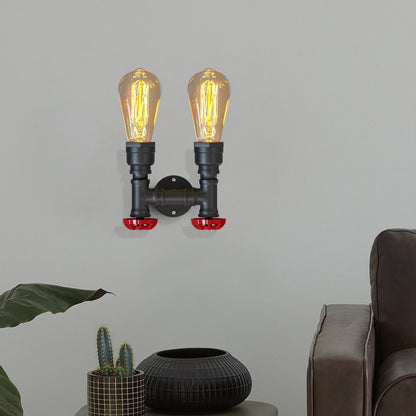 Twin Water Pipe Wall Light with Red Valves – Black or Copper, 2 x E27 - photo 6