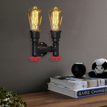 Twin Water Pipe Wall Light with Red Valves – Black or Copper, 2 x E27 - photo 7