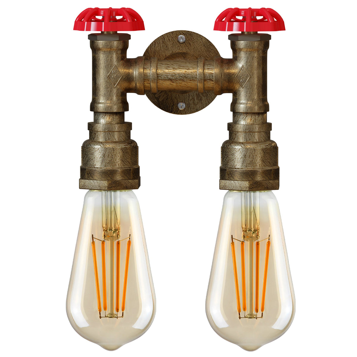 Twin Water Pipe Wall Light with Red Valves – Black or Copper, 2 x E27 - photo 8