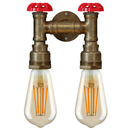 Twin Water Pipe Wall Light with Red Valves – Black or Copper, 2 x E27 - photo 8