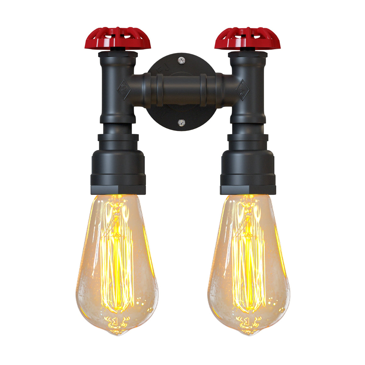 Twin Water Pipe Wall Light with Red Valves – Black or Copper, 2 x E27 - photo 9