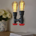 Twin Water Pipe Wall Light with Red Valves – Black or Copper, 2 x E27 - Black, No Shade, ST64 Bulb