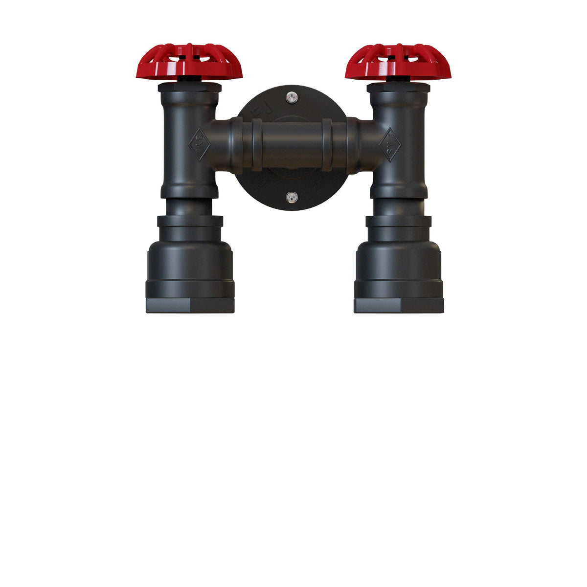 Twin Water Pipe Wall Light with Red Valves – Black or Copper, 2 x E27 - Black, No Shade, Without Bulb