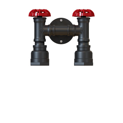 Twin Water Pipe Wall Light with Red Valves – Black or Copper, 2 x E27 - Black, No Shade, Without Bulb