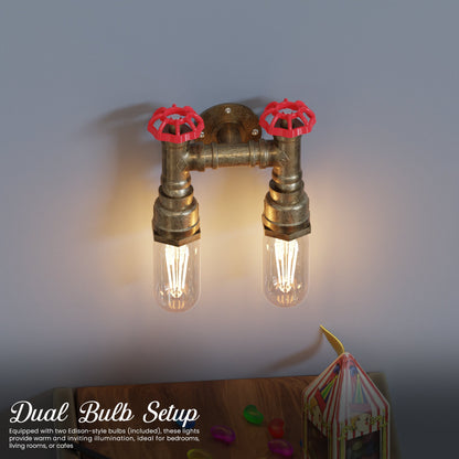 Twin Water Pipe Wall Light with Red Valves – Black or Copper, 2 x E27 - Brushed Copper, No Shade, ST64 Bulb
