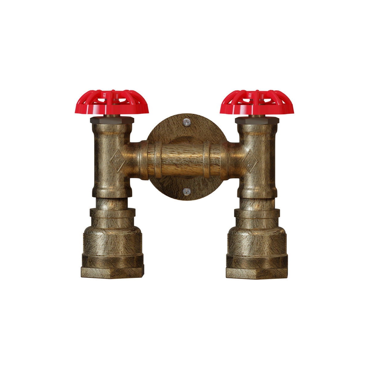 Twin Water Pipe Wall Light with Red Valves – Black or Copper, 2 x E27 - Brushed Copper, No Shade, Without Bulb