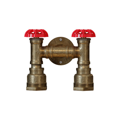 Twin Water Pipe Wall Light with Red Valves – Black or Copper, 2 x E27 - Brushed Copper, No Shade, Without Bulb