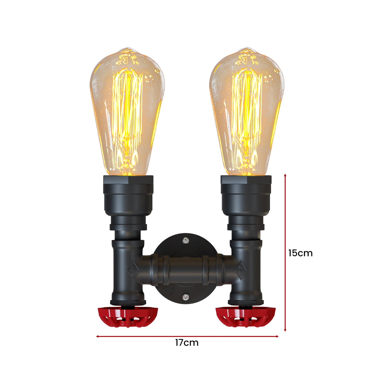 Twin Water Pipe Wall Light with Red Valves – Black or Copper, 2 x E27 - photo 2