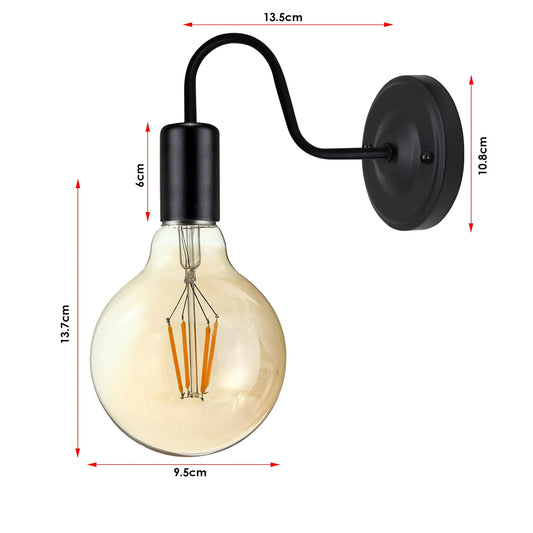 Gooseneck Wall Light Holder – Black, E27, with or without Bulb - photo 2