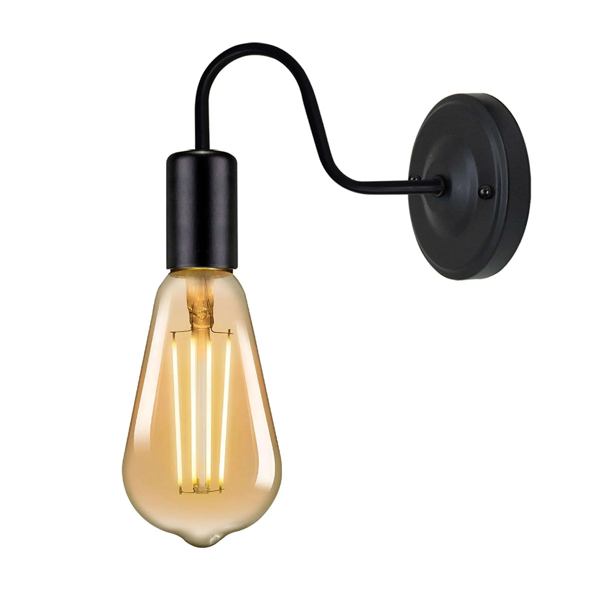 Gooseneck Wall Light Holder – Black, E27, with or without Bulb - Black, No Shade, ST64 LED Bulb 8W