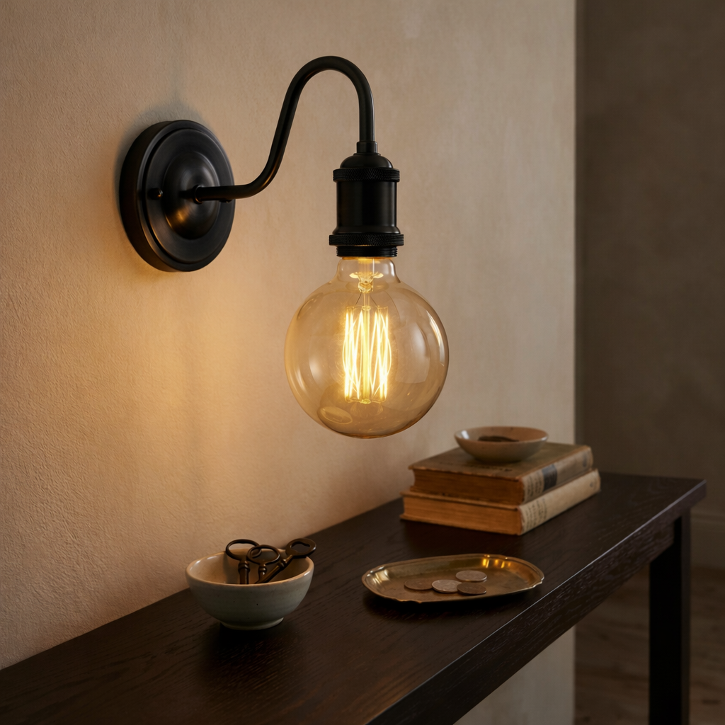Gooseneck Wall Light Holder – Black, E27, with or without Bulb