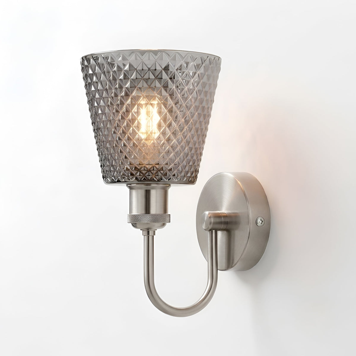 U-Arm Wall Light with Glass Shade – Chrome or Yellow Brass, E27 - Chrome, Diamond Glass 16 cm Smoked, Without Bulb